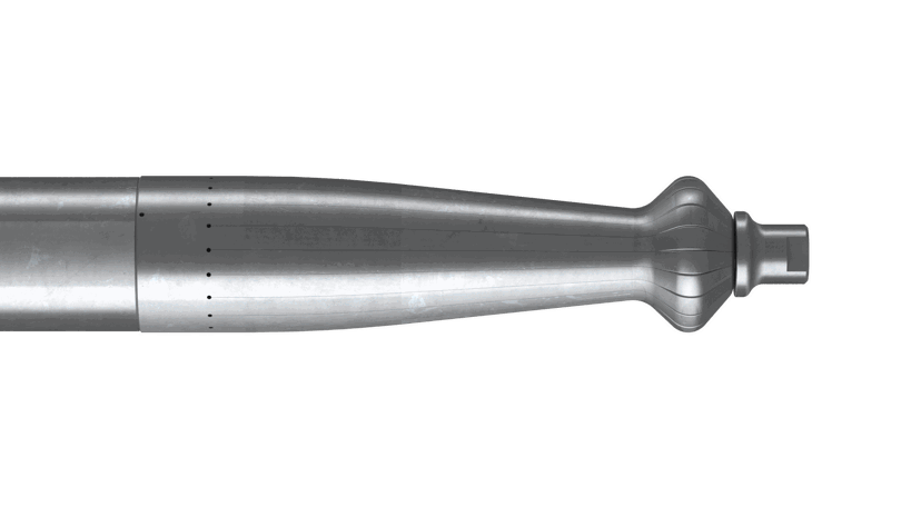 Side view of a Welltec tool with a metallic body and a detailed, tapered end for precision downhole operations.