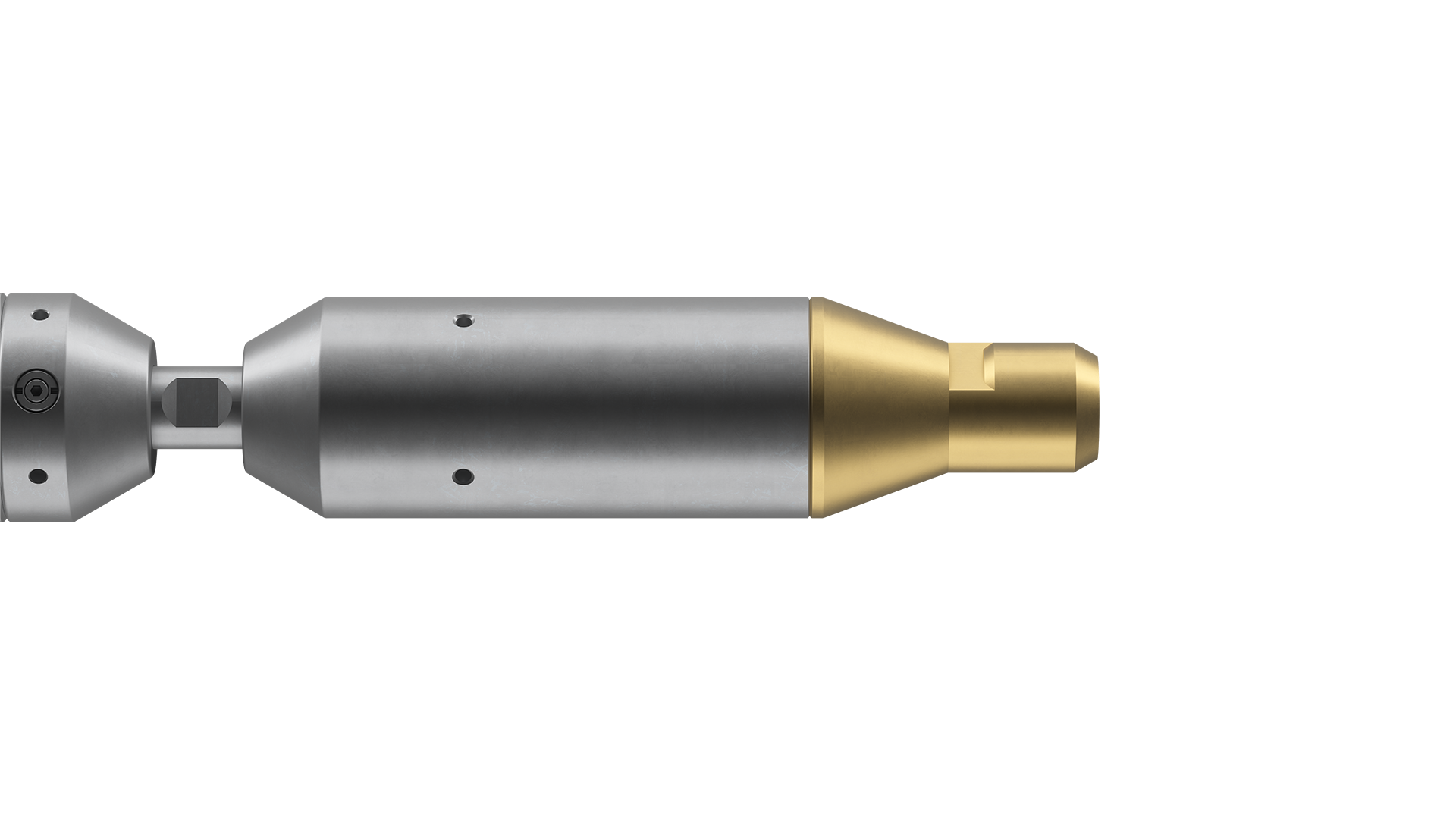Side view of a Welltec tool featuring a metallic body with a gold-colored end piece, designed for precision downhole operations.