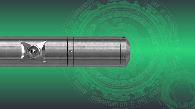 Welltec tool with a metallic body, highlighted with a green digital background, designed for advanced downhole applications.
