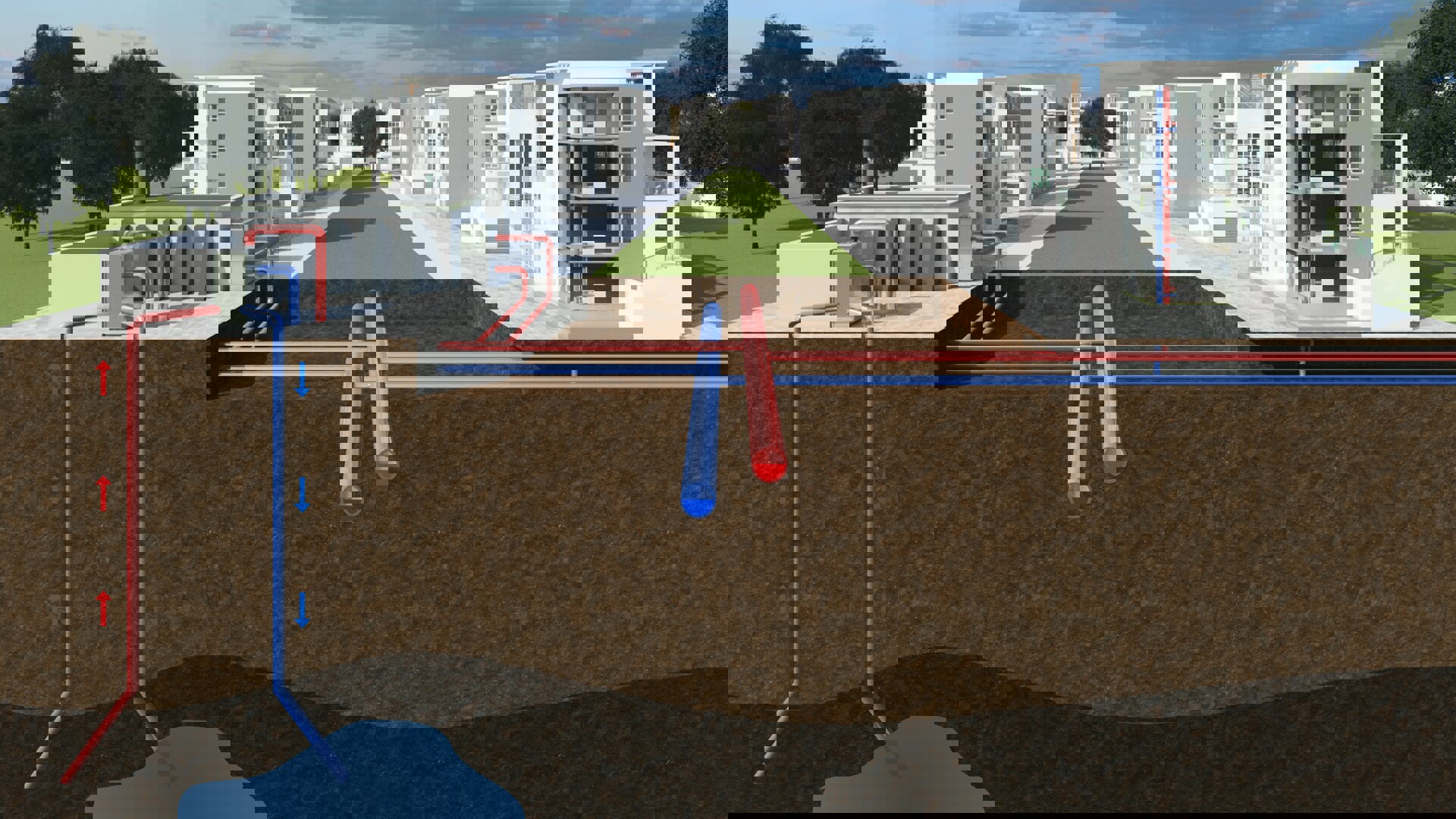 Geothermal district heating system using underground pipelines to supply low temperature energy for residential and industrial buildings