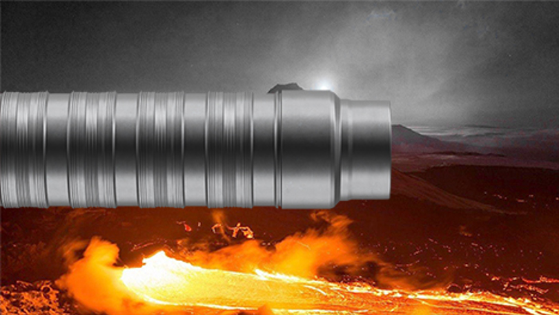 A close-up of a WAB with ridged grooves, extending horizontally. The background is fiery, with orange and red lava and a smoky sky.