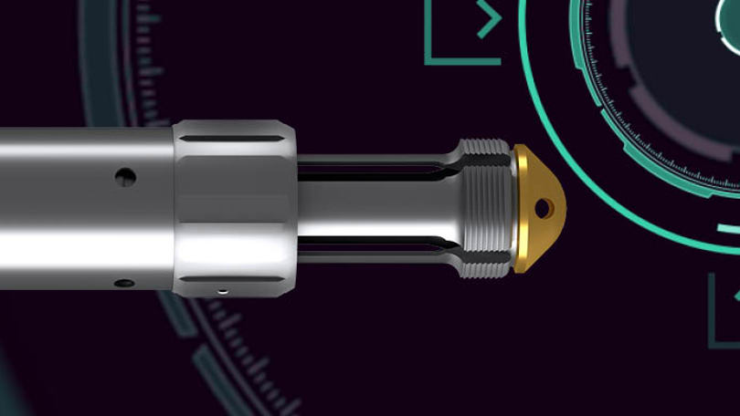 Close-up of a Welltec Wellgrab HIROS tool with a yellow insert and digital interface elements in the background.